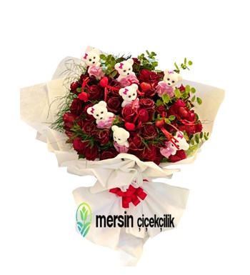 Mersin çiçekçi, 81 kırmızı gül, ayıcıklı buket, Mersin Çiçek