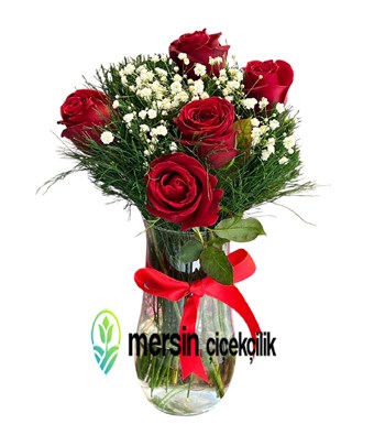 Zarif Sevgi, Fanusta 5 Kırmızı Gül, Mersin Çiçek Siparişi, 