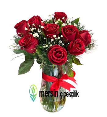 Aşkın Simgesi Vazoda, 9'lu Kırmızı Gül, Mersin Çiçekçi, 