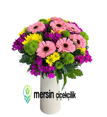 krem vazo çiçek, canlı çiçek aranjman, Mersin çiçek, 